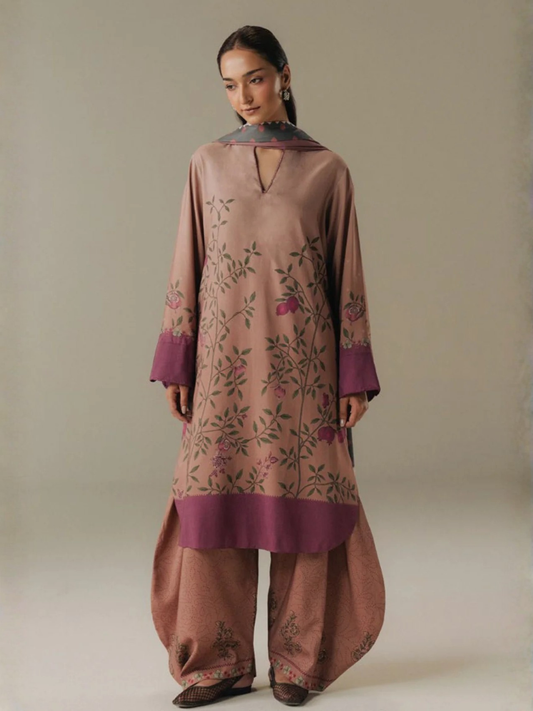 Pink-Coco By Zara Shahjahan Linen Printed Unstitched 3-Piece Suit-Sienna Field-4B
