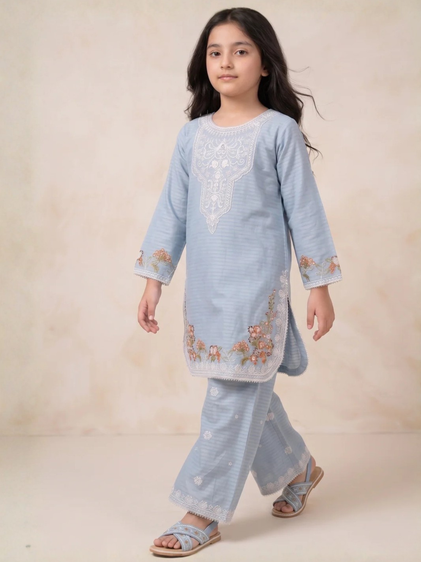 Blue Lumira Cotton Embroidered Stitched 3-Piece Suit-Azure Bloom Kids