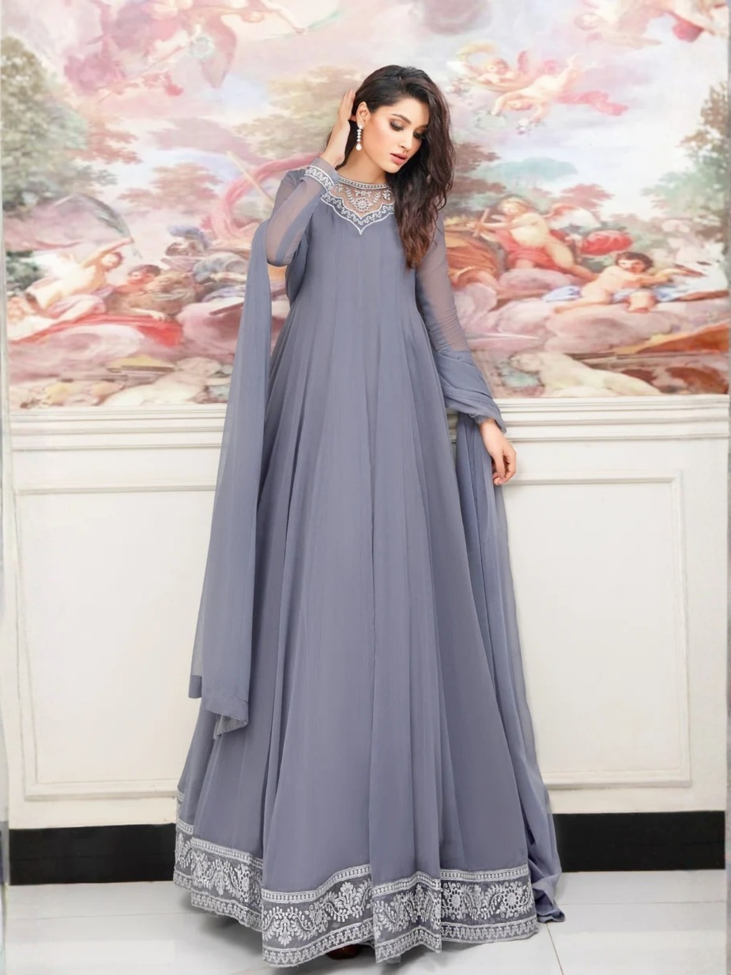 Grey-Hani & Umaima Chiffon Embroidered Maxi-Surmai