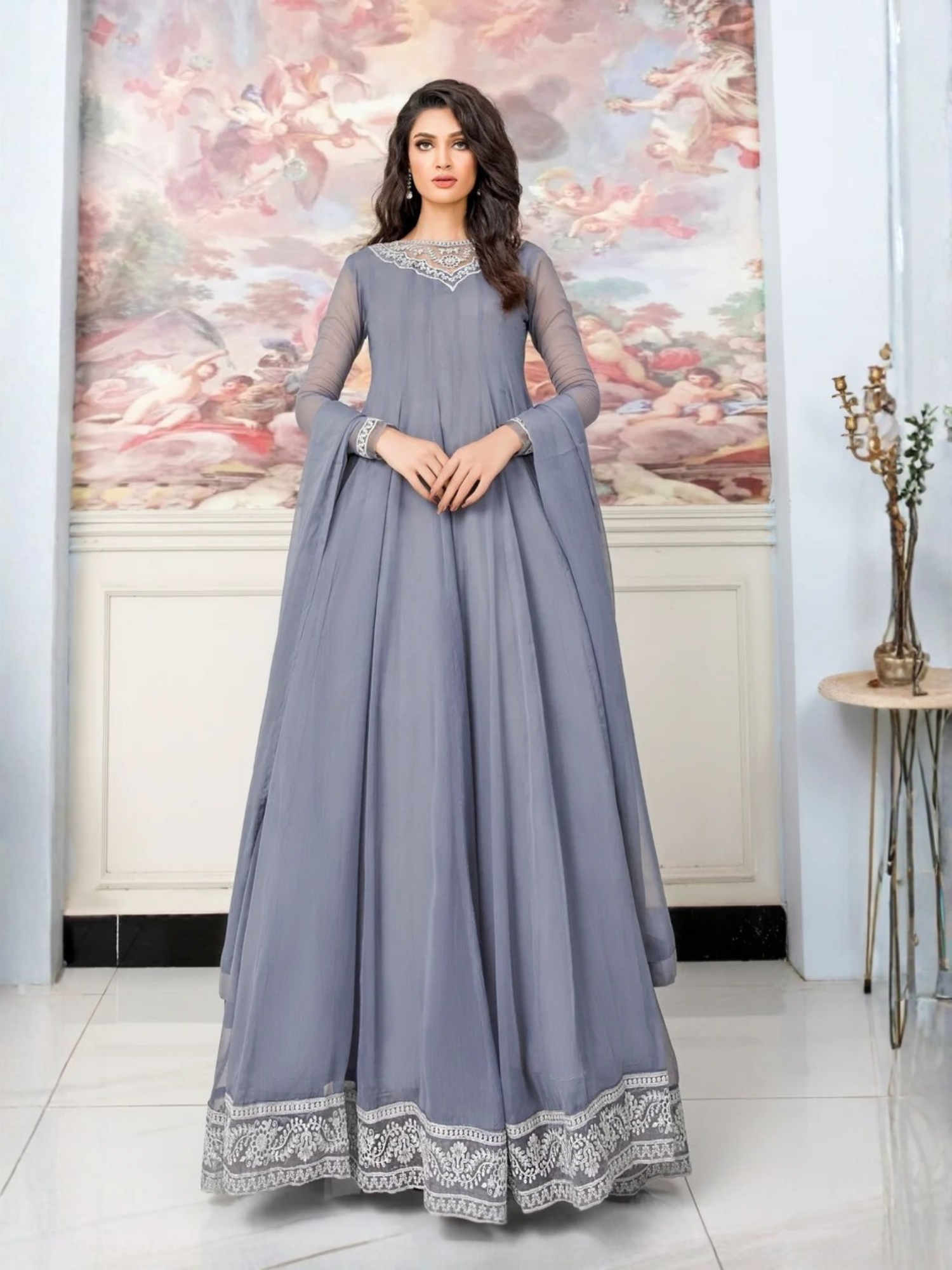 Grey-Hani & Umaima Chiffon Embroidered Maxi-Surmai