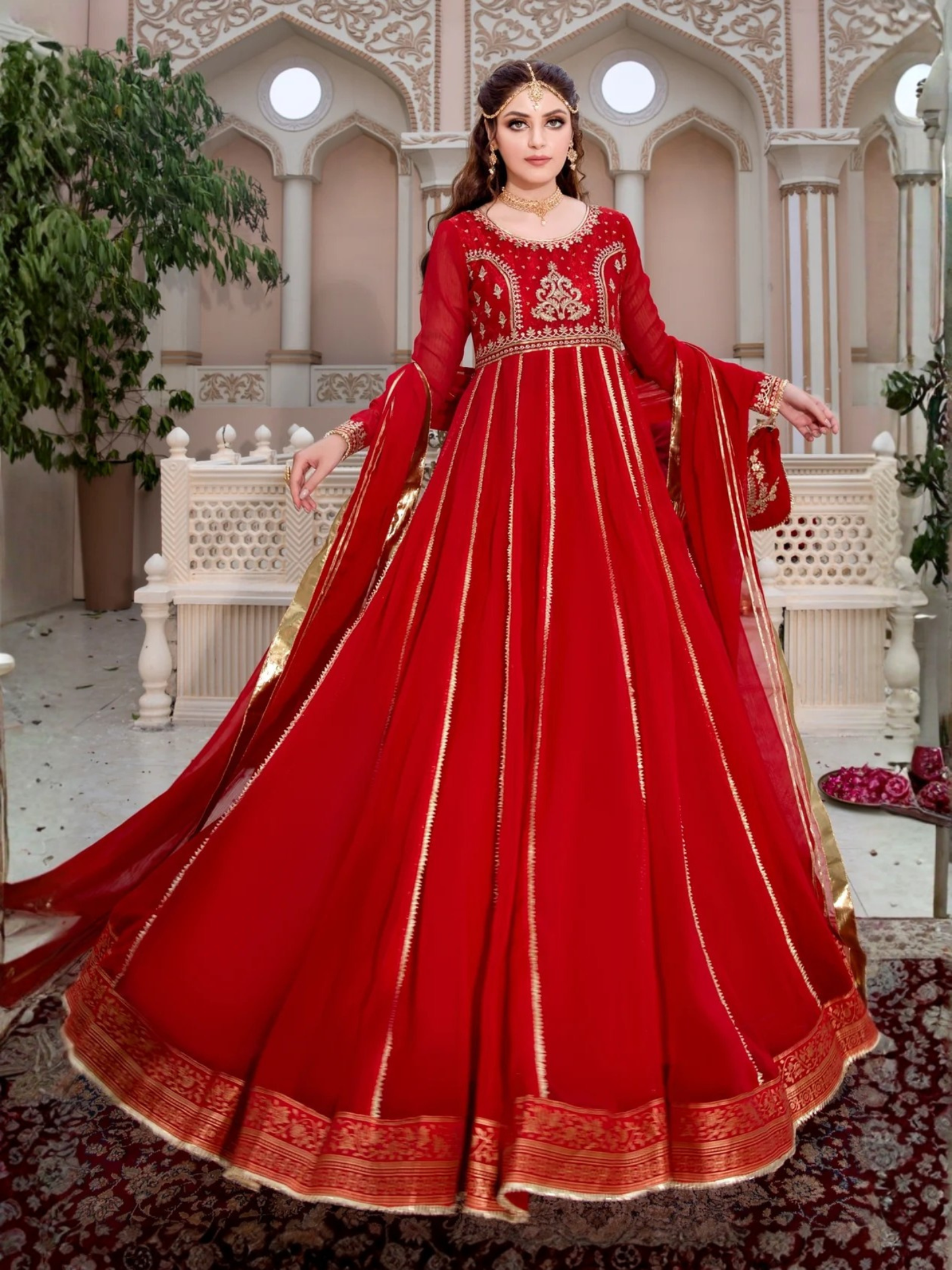 Red-Hani & Umaima Chiffon Embroidered Pishwas-Surkhab