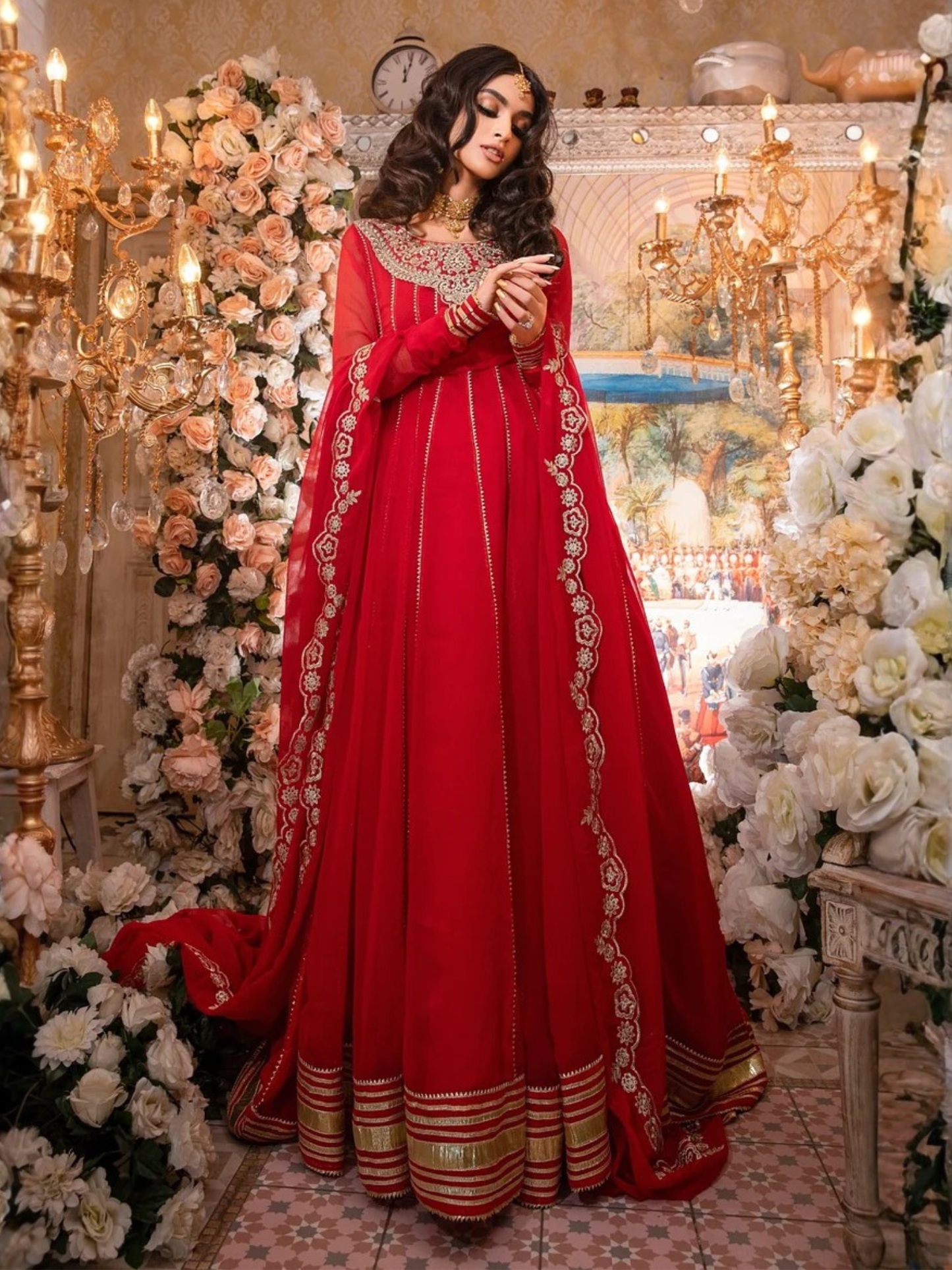Red-Hani & Umaima Chiffon Embroidered Pishwas-Surkh