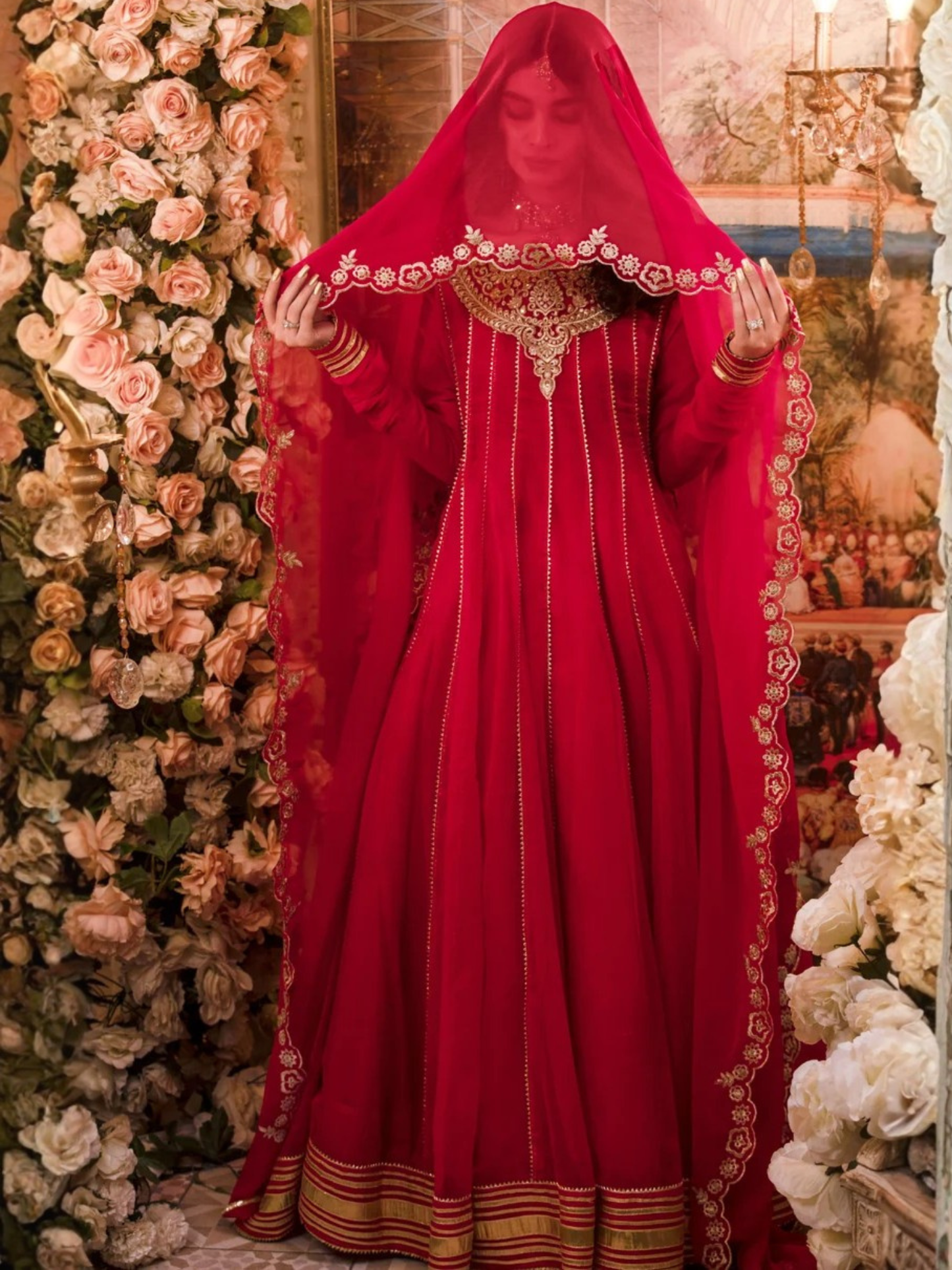 Red-Hani & Umaima Chiffon Embroidered Pishwas-Surkh