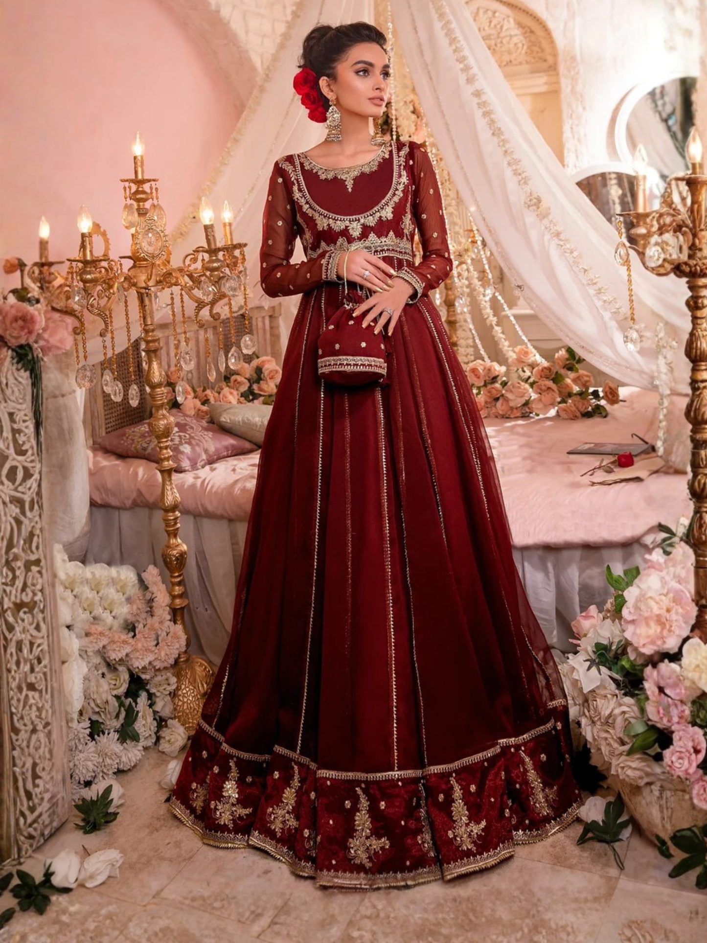 Maroon-Hani & Umaima Chiffon Embroidered Pishwas-Ayesha