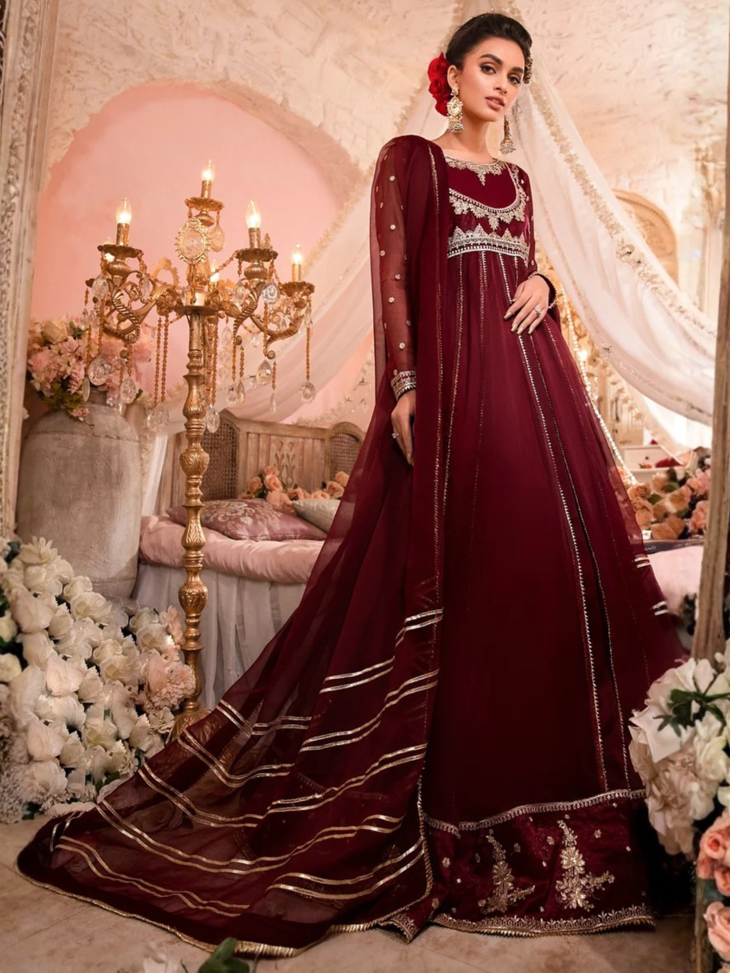 Maroon-Hani & Umaima Chiffon Embroidered Pishwas-Ayesha