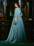 Sky Blue-Hani & Umaima Chiffon Embroidered Pishwas-Aasmani