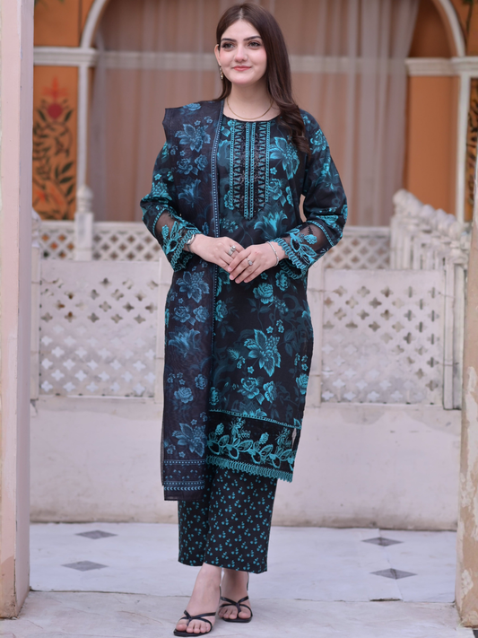 Black Blue MH Cloth House Cotton Lawn Embroidered Stitched 3-Piece Suit-Farozan