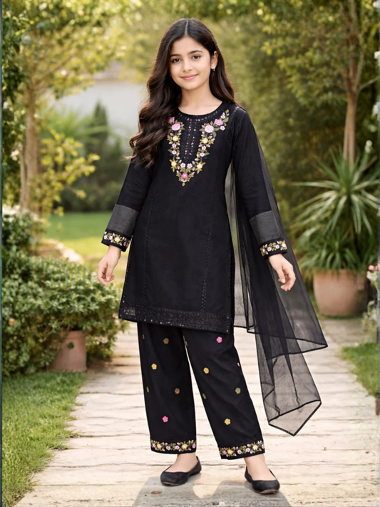 Black Lumira PK Chiffon Embroidered Stitched 2-Piece Suit-Abayan