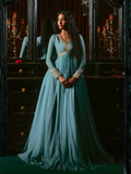 Sky Blue-Hani & Umaima Chiffon Embroidered Pishwas-Aasmani