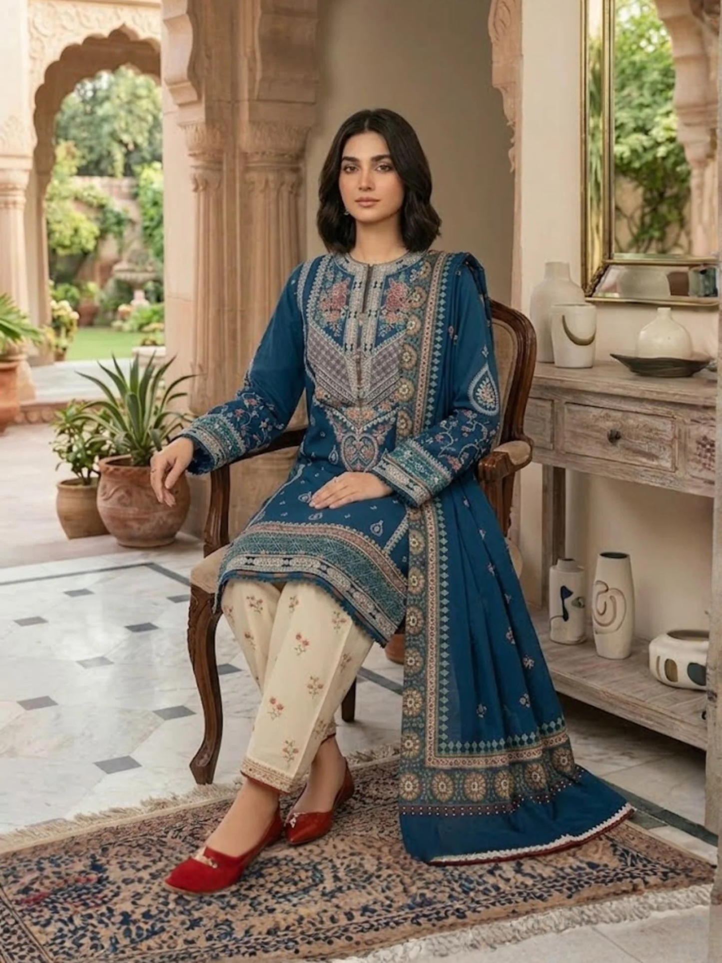 Blue-Pyara Jora Lawn Embroidered Stitched 3-Piece Suit-Dure-Fishan