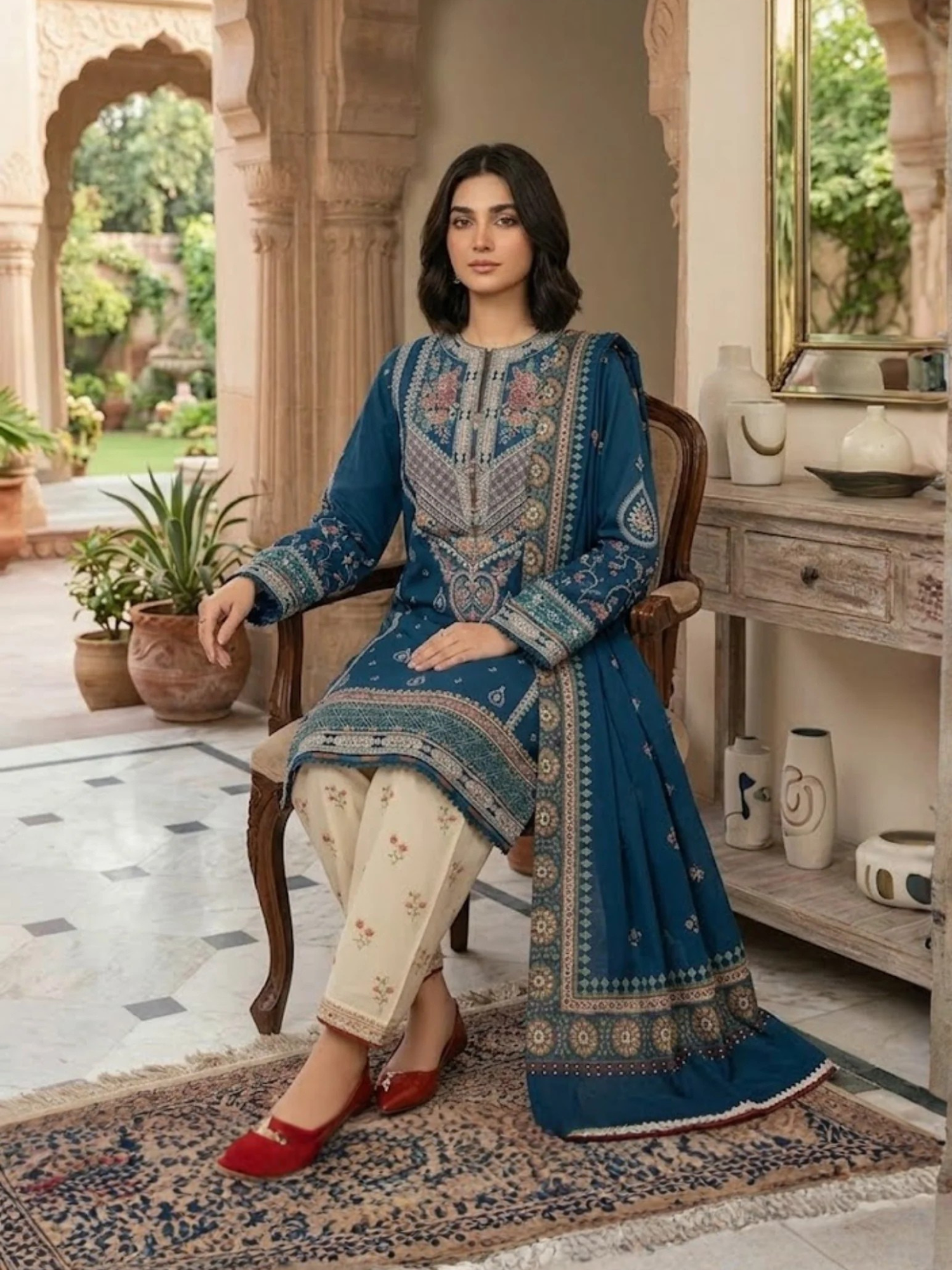 Blue-Pyara Jora Lawn Embroidered Stitched 3-Piece Suit-Dure-Fishan