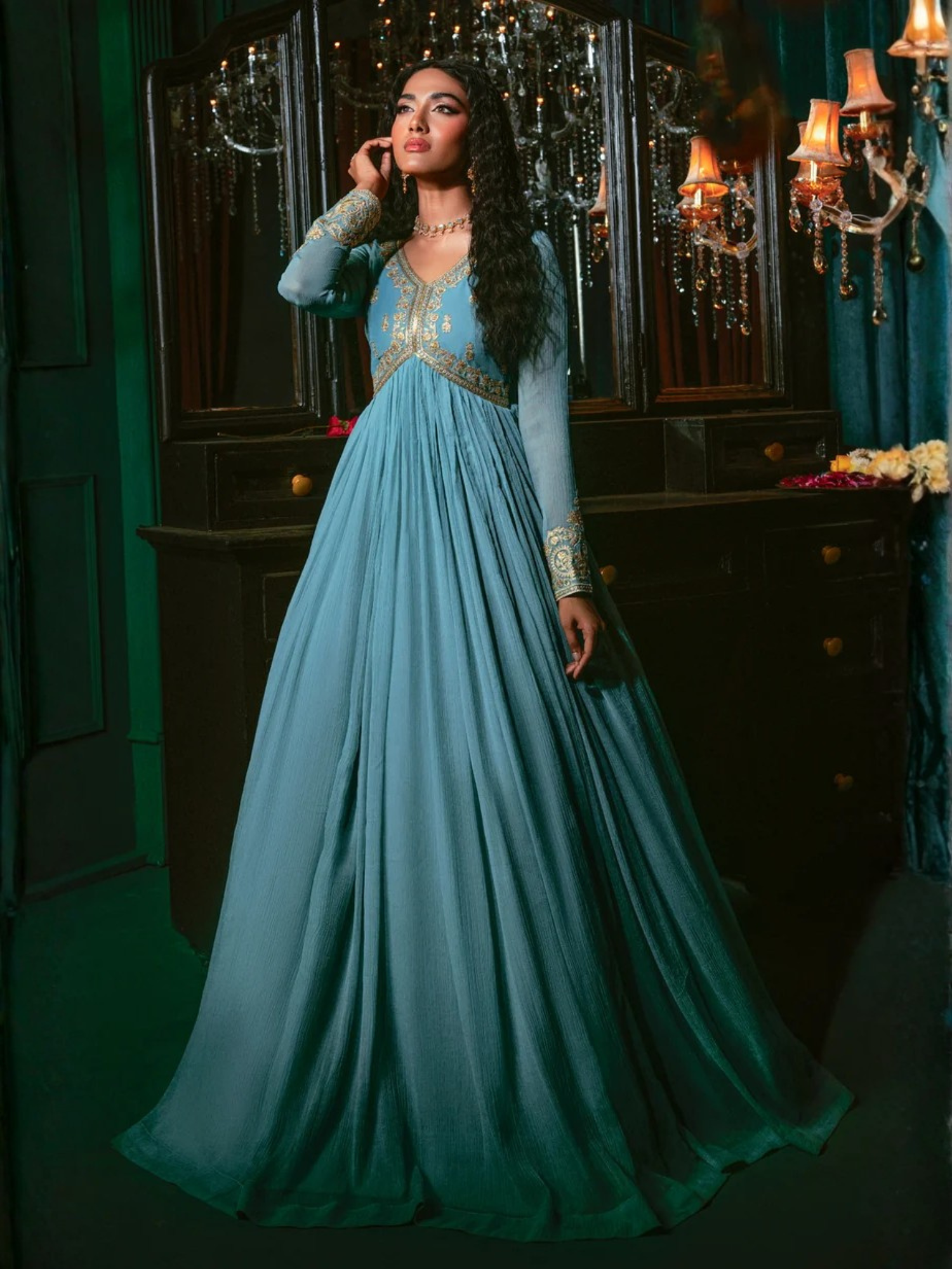 Sky Blue-Hani & Umaima Chiffon Embroidered Pishwas-Aasmani