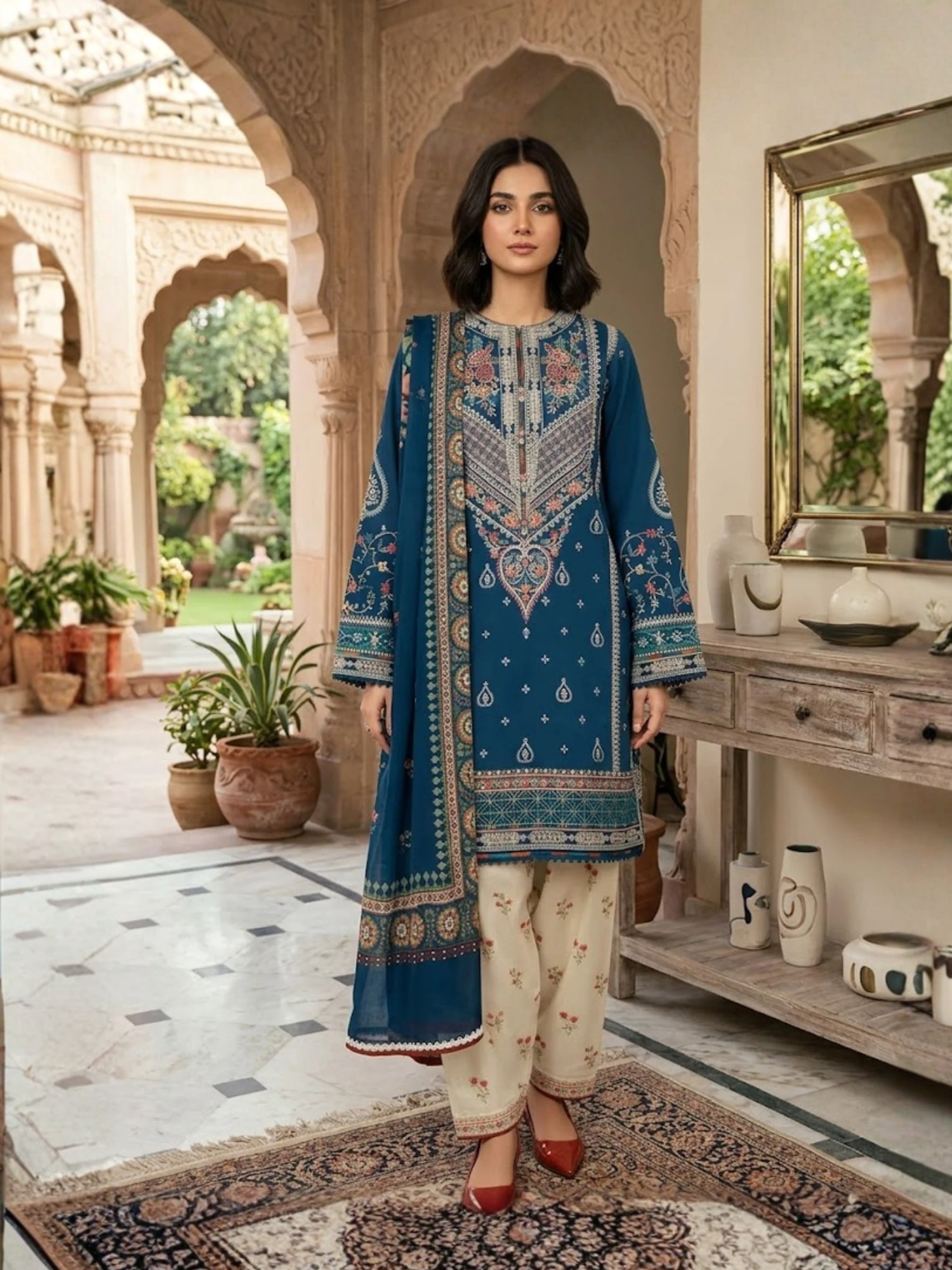 Blue-Pyara Jora Lawn Embroidered Stitched 3-Piece Suit-Dure-Fishan