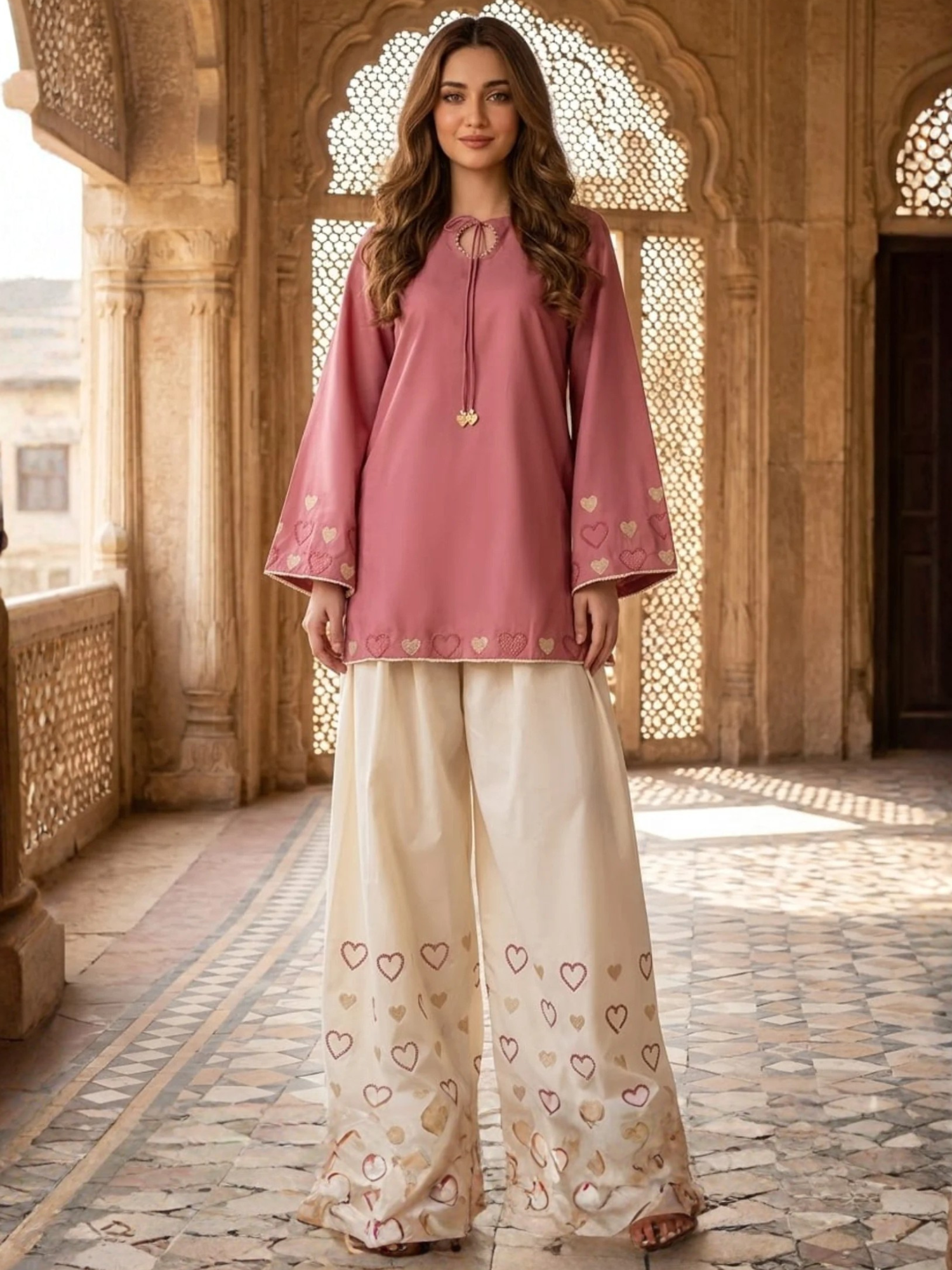Pyara Jora Lawn Embroidered Stitched 3-Piece Suit-Pinky   