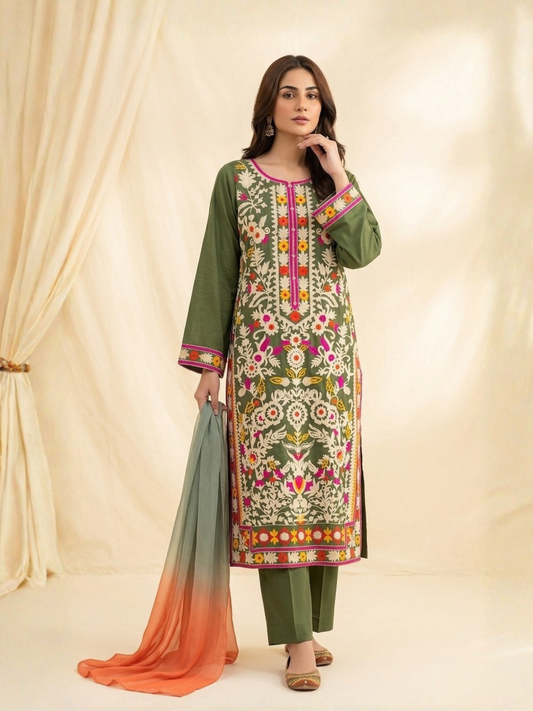 Green-Zeephire Linen Embroidered Stitched 3-Piece Suit-Abeera B
