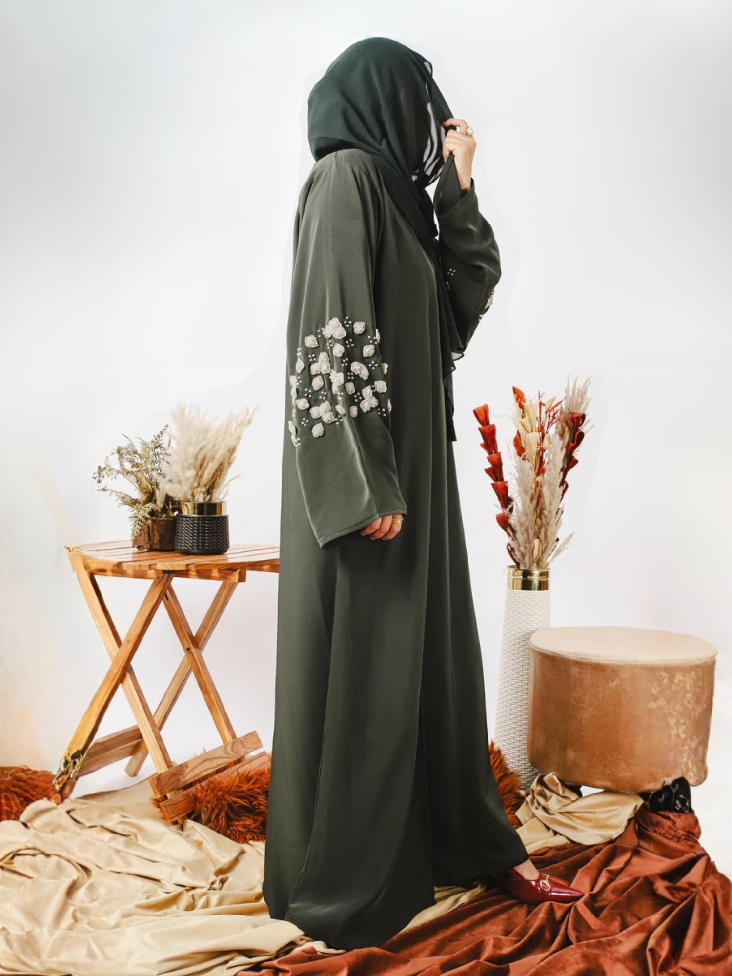 Green-Nourah Nida Embellished Abaya-Abeer