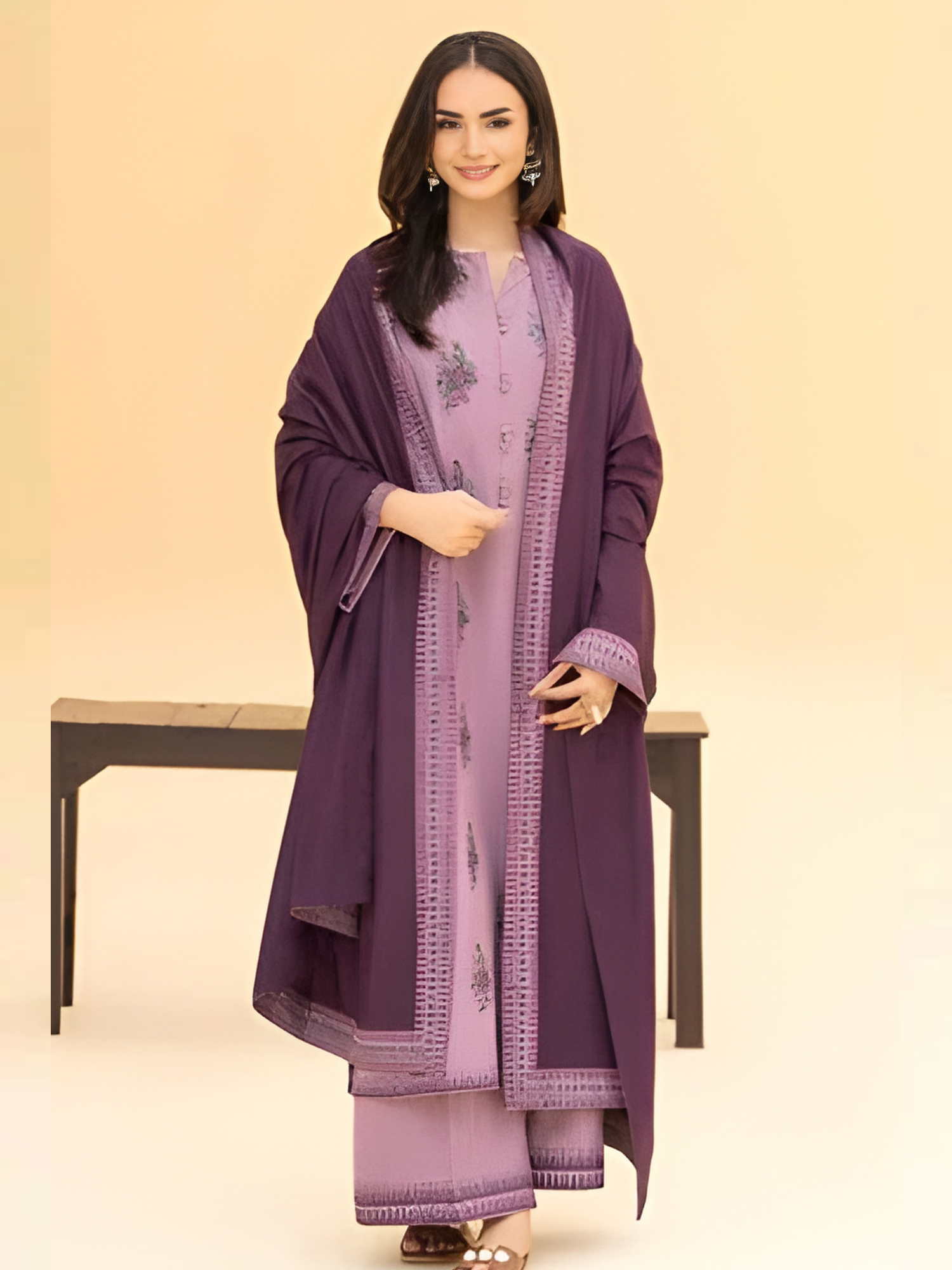 Ayat Closet Linen Embroidered Stitched 3-Piece Suit-Lark-Purple