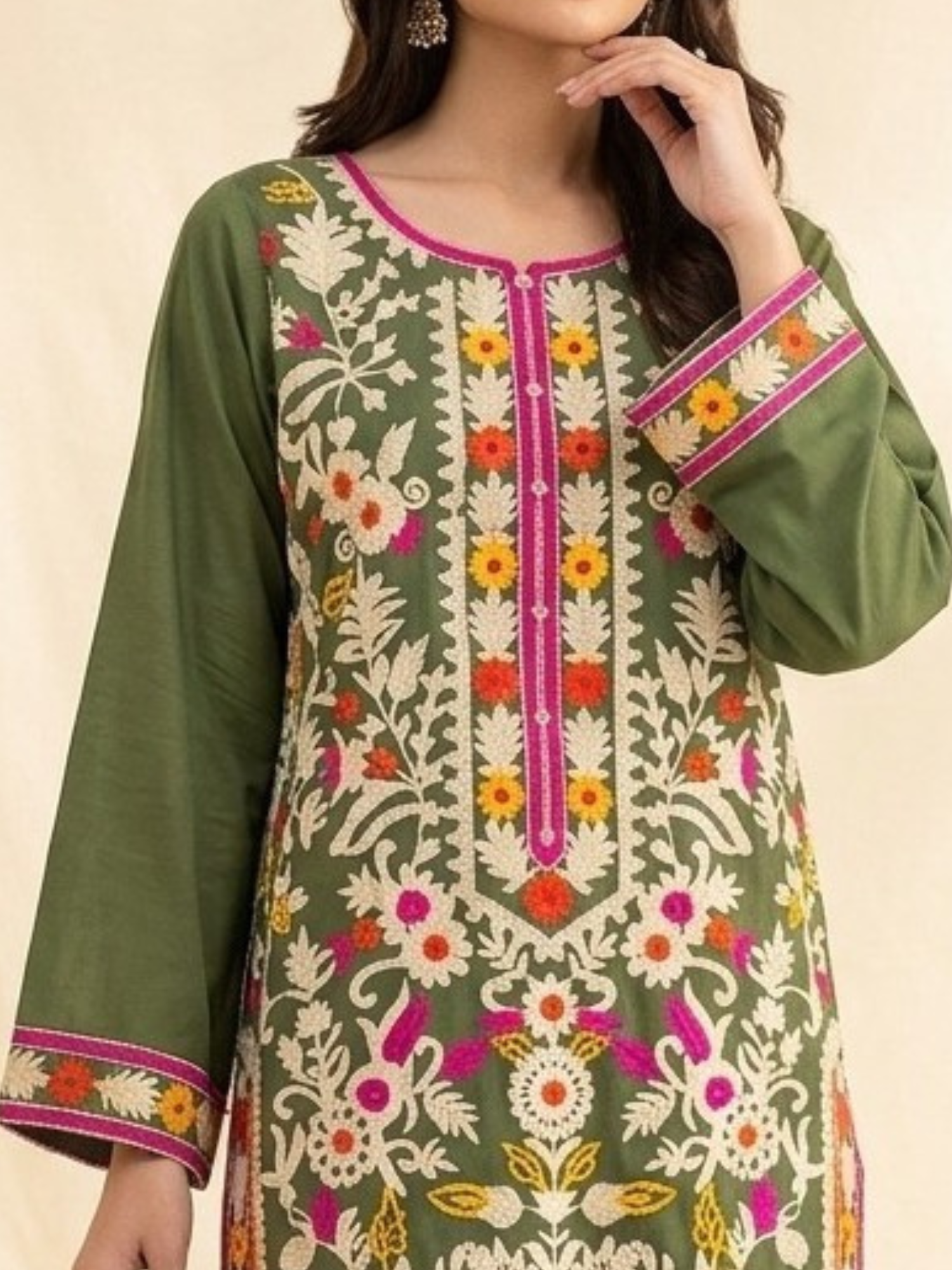 Green-Zeephire Linen Embroidered Stitched 3-Piece Suit-Abeera B