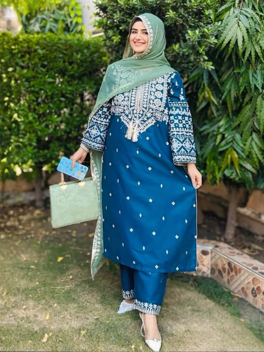 Green and Blue-Pyara Jora Lawn Embroidered Stitched 3-Piece Suit-Arfa