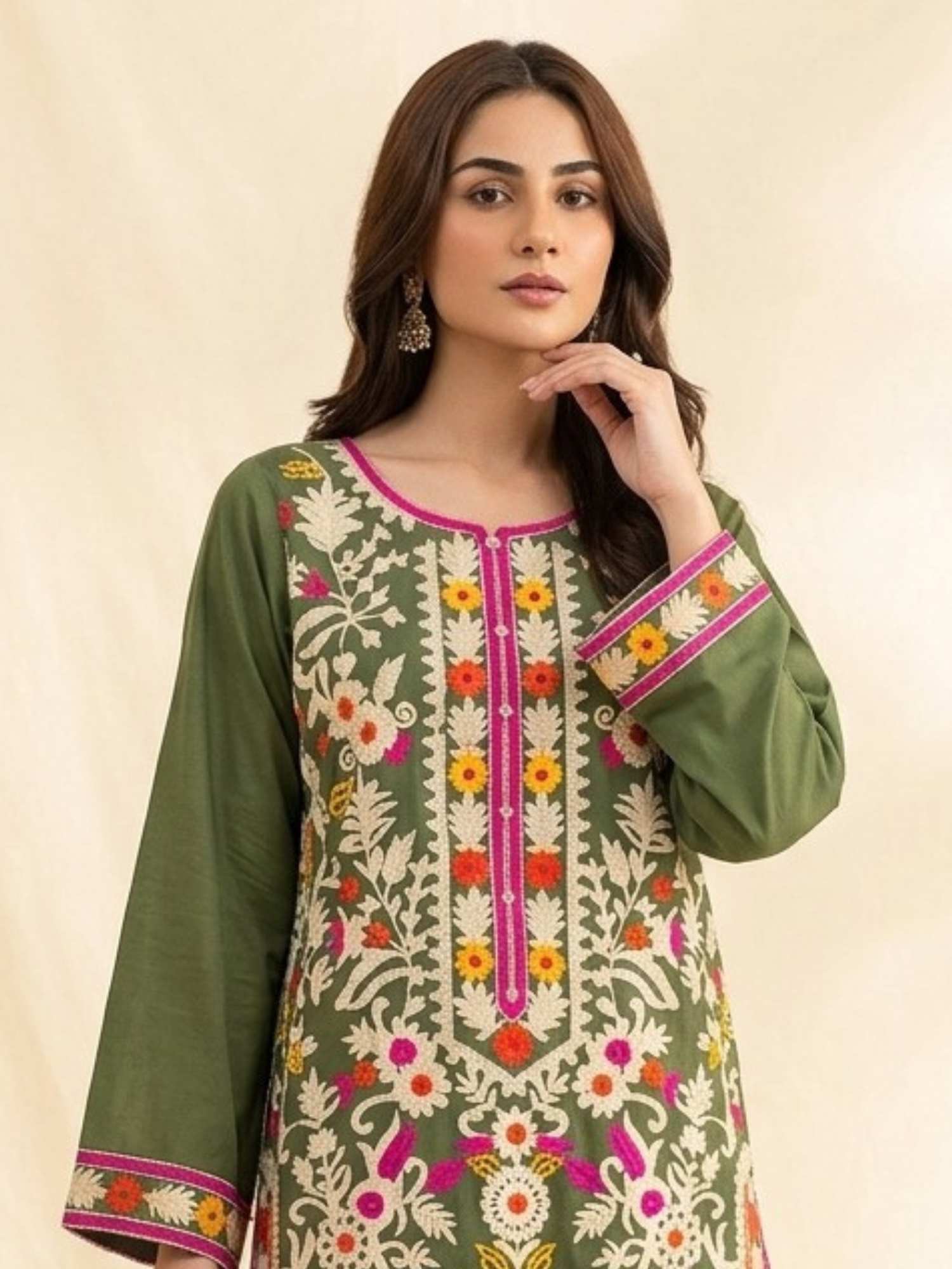 Green-Zeephire Linen Embroidered Stitched 3-Piece Suit-Abeera B