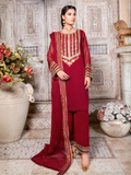 Maroon-Hani & Umaima Chiffon Embroidered Stitched 3-Piece Suit-Roshan