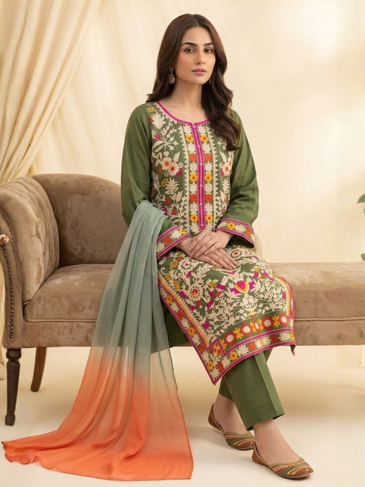 Green-Zeephire Linen Embroidered Stitched 3-Piece Suit-Abeera B