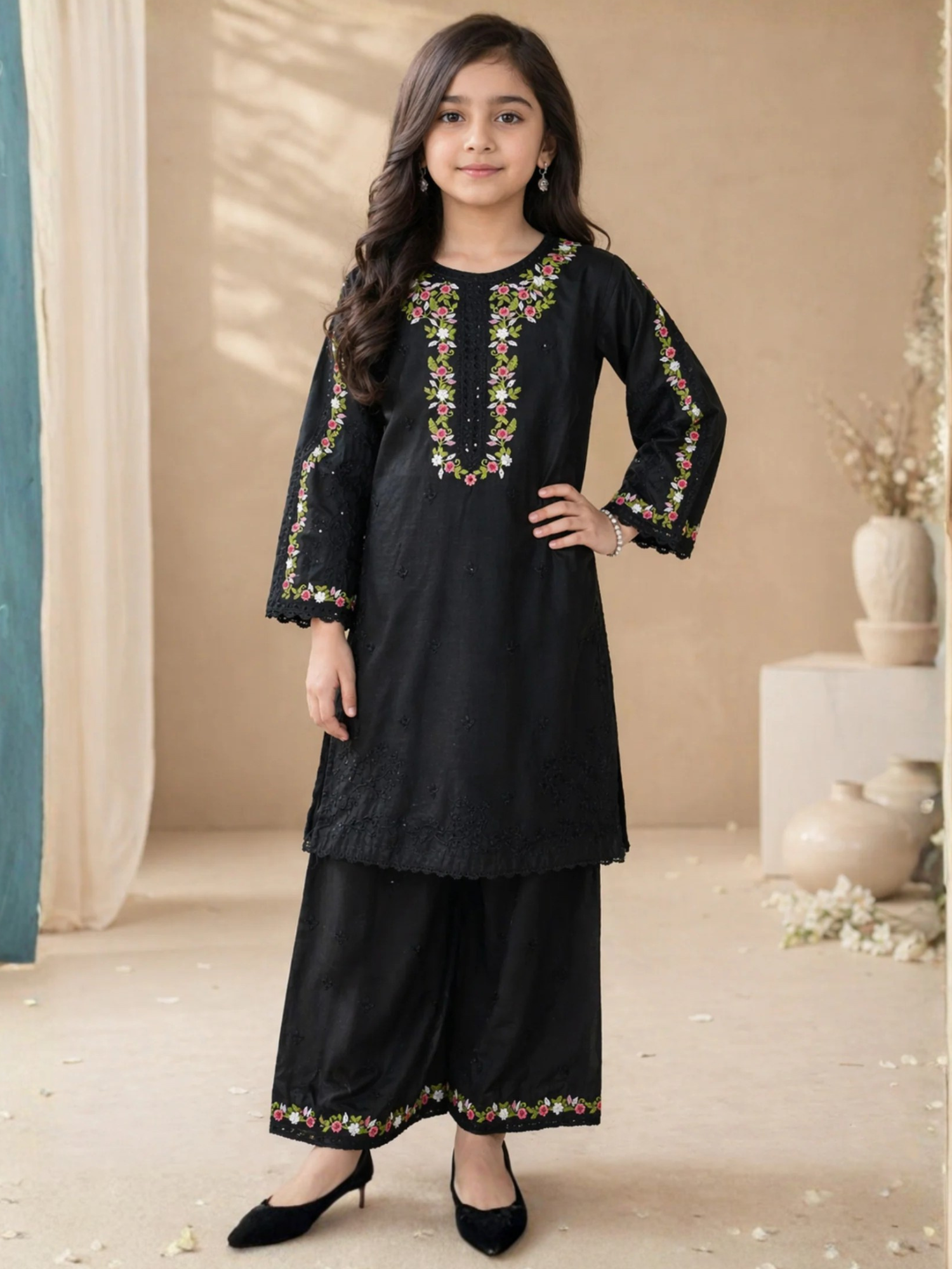 Black-Lumira Cotton Embroidered Stitched 3-Piece Suit-Zoe Black