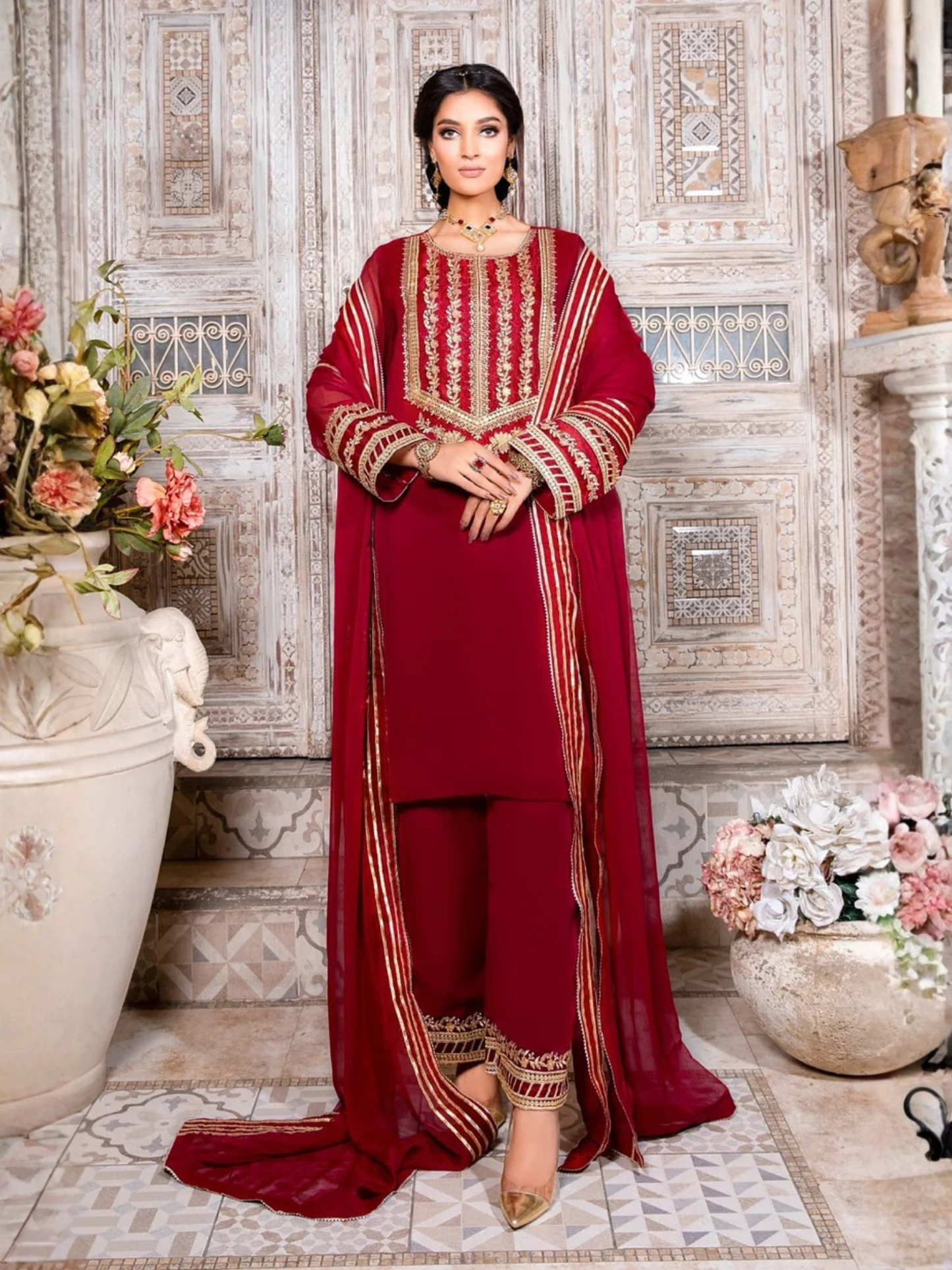 Maroon-Hani & Umaima Chiffon Embroidered Stitched 3-Piece Suit-Roshan