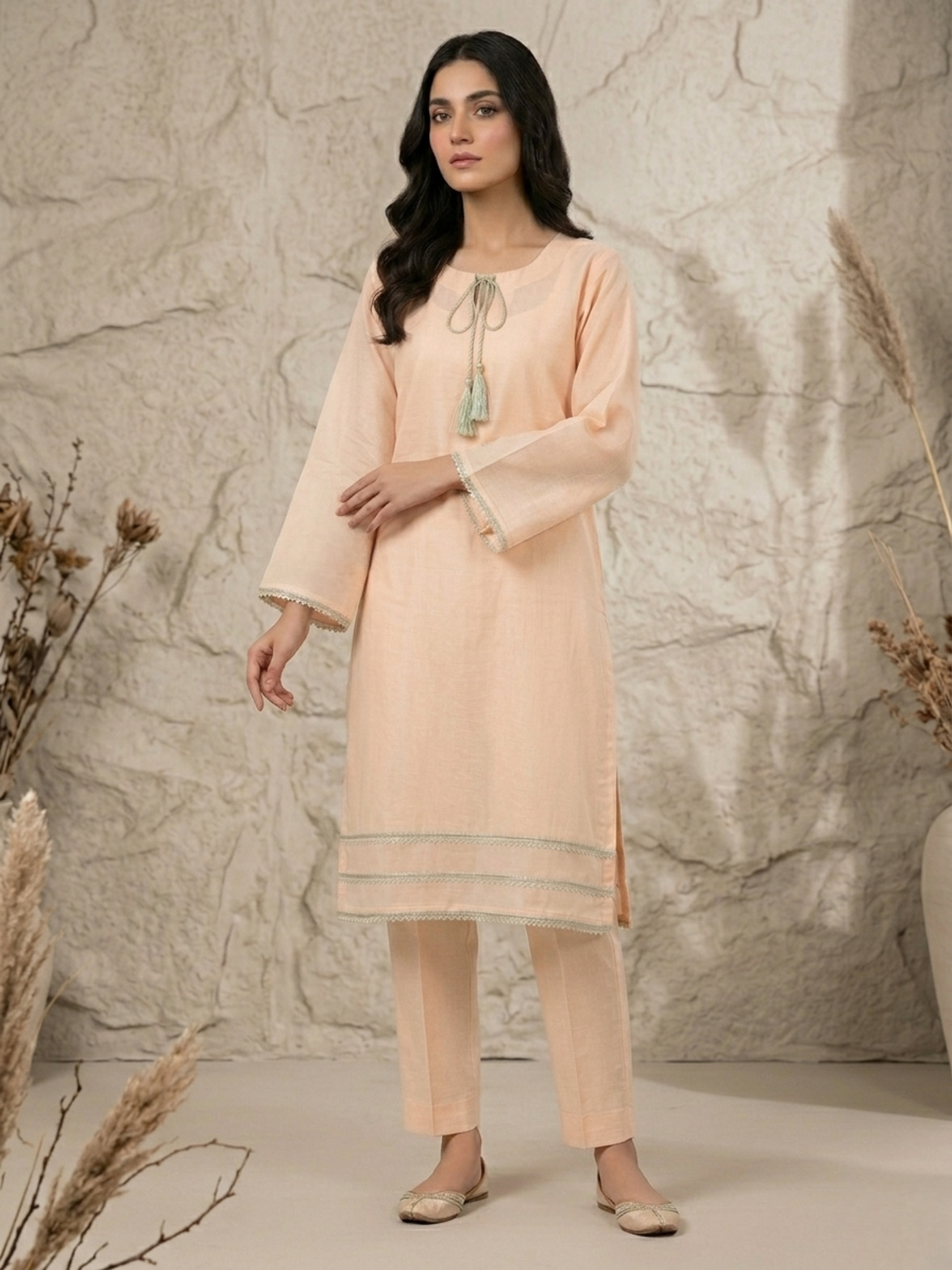 Peach-Bin Shaukat Lawn Brosha Plain Stitched 2-Piece Suit