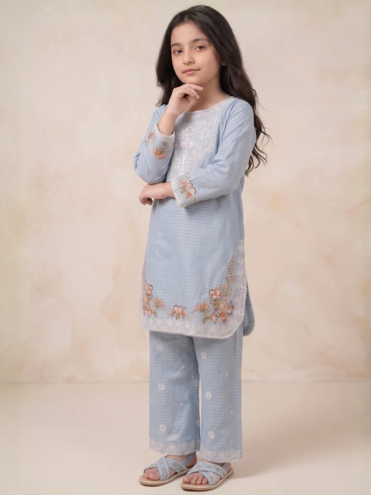 Blue Lumira Cotton Embroidered Stitched 3-Piece Suit-Azure Bloom Kids