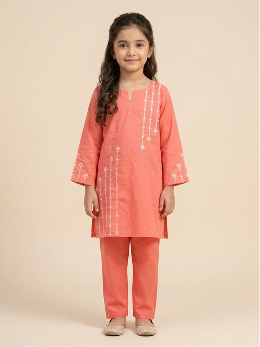 Velvour Girls Cotton Embroidered Stitched 2-Piece Suit-VG181-B