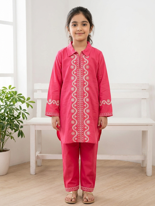 Velvour Girls Cotton Embroidered Co-Ord Set-VG212-B