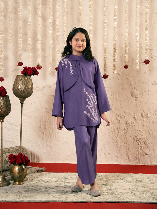 Velvour Girls Blended Satin Embroidered Stitched 2-Piece Suit-VG179-B