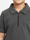 Velvour Boys Popcorn Zip Collar Polo Shirt-VP22-A-charcoal
