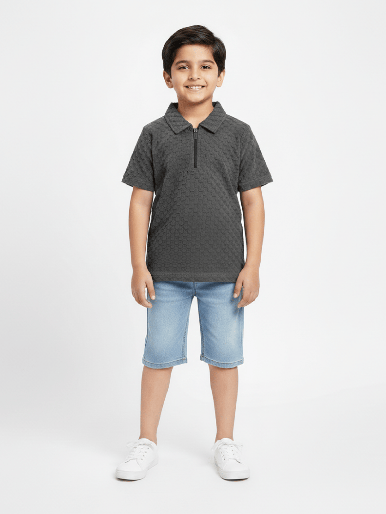 Velvour Boys Popcorn Zip Collar Polo Shirt-VP22-A-charcoal