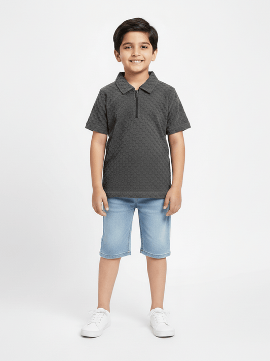 Velvour Boys Popcorn Zip Collar Polo Shirt-VP22-A-charcoal