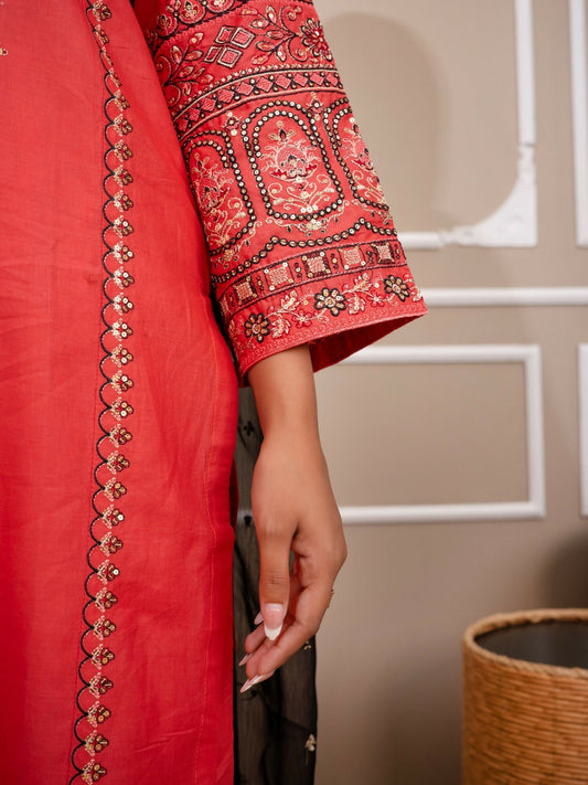 Tehzeeb Libas Cotton Lawn Embroidered Stitched 3-Piece Suit-NOOR