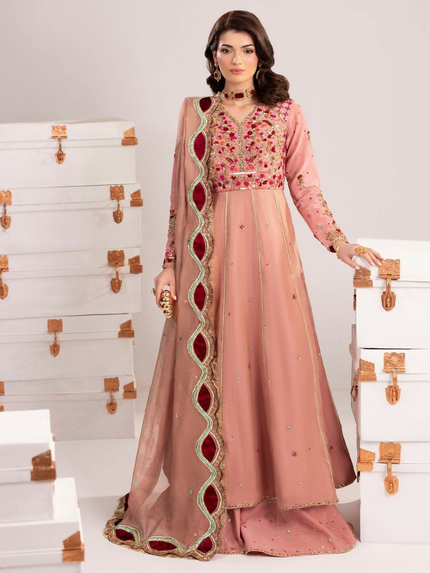 Shurooq Echoes In Bloom Silk Embellished Stitched 3-Piece Suit-Petal Veil