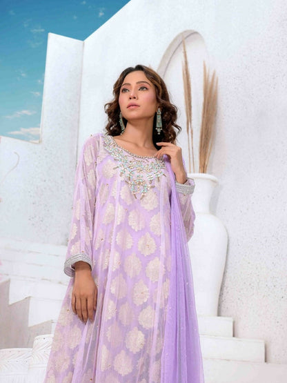 Ruby's Couture Ashiyana Net & Jacquard Embroidered Stitched 3-Piece Suit-Annika