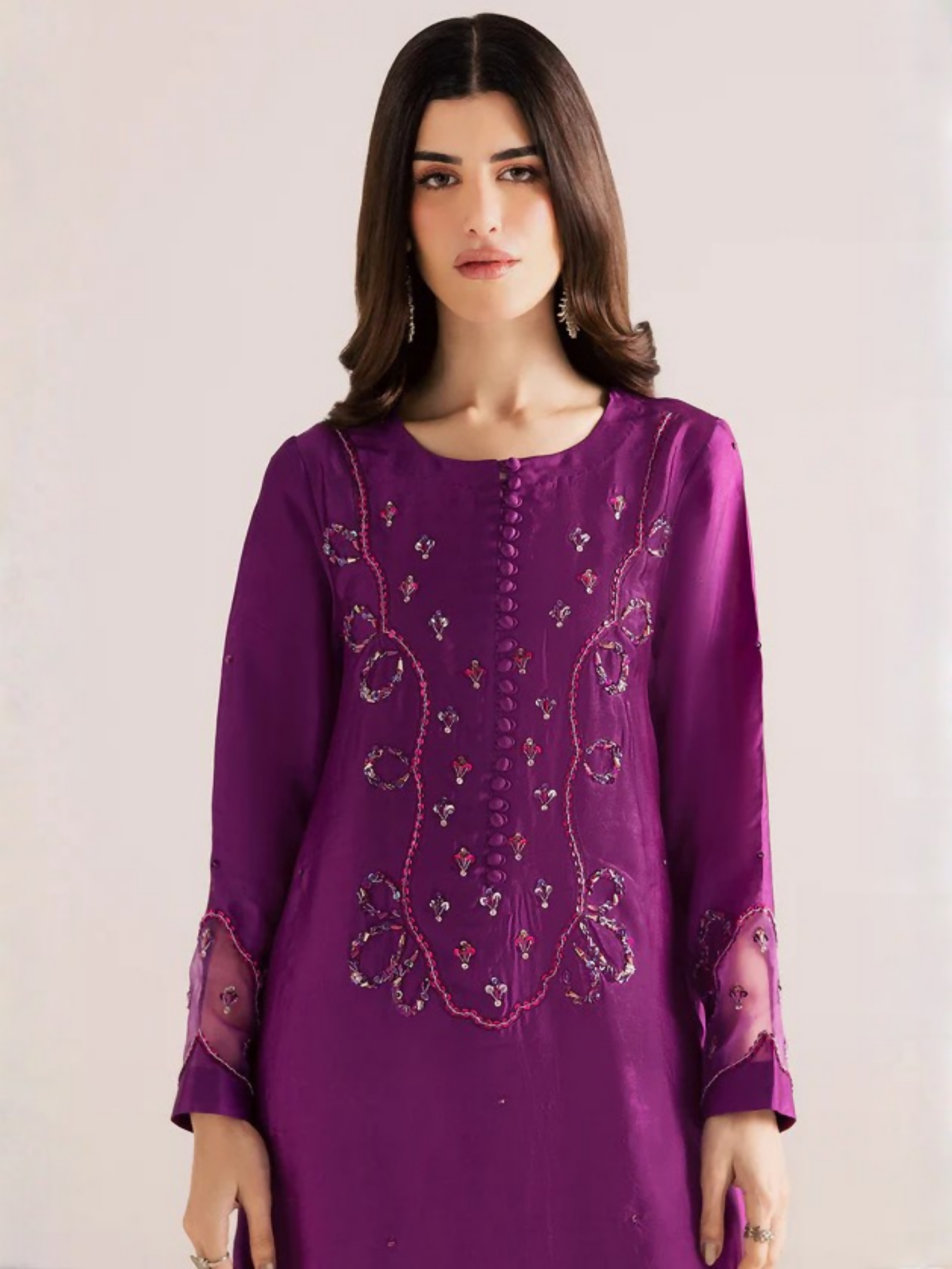 Allure By IH Silver Night Tussel Silk Embroidered Kaftan Set-Moon Drop
