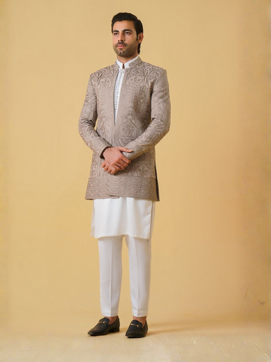 Gem Garments Janaan Jacquard Embellished Prince Coat-Kashida