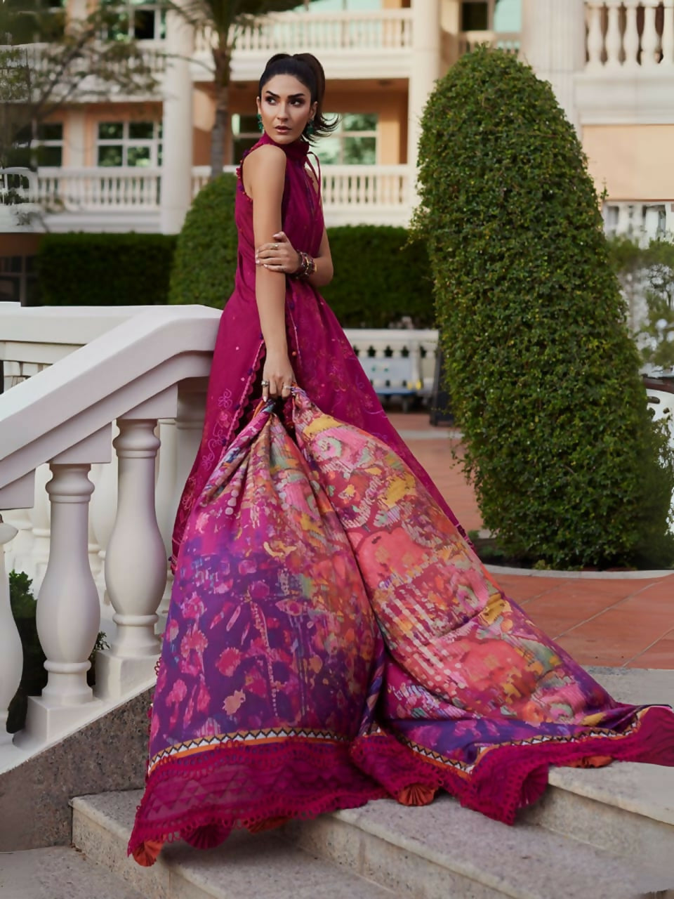 FTA Betty Berry jacquard shirt with tonal embroidery, silk dupatta, and jacquard pants.