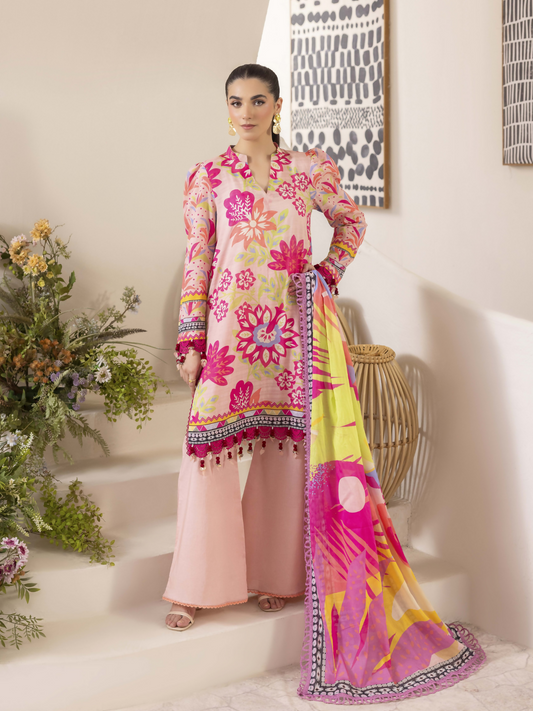 Girl standing wearing an unstitched 3-piece suit with vibrant floral digital printed slub lawn shirt, abstract botanical digital printed voile dupatta, and dyed cotton trouser, perfect for colorful summer occasions.