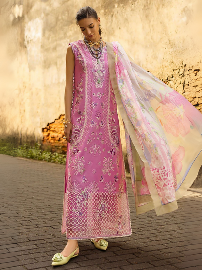 Mushq unstitched 3-piece suit with chikan embroidered lawn shirt, silk and organza motifs, crochet lace, handmade tassels, digital printed silk dupatta, and cotton trousers with organza border.