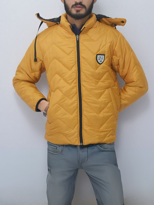 Goose down puffer jacket with 100% polyester shell, detachable hood, zigzag quilted design, and relaxed fit for winter warmth