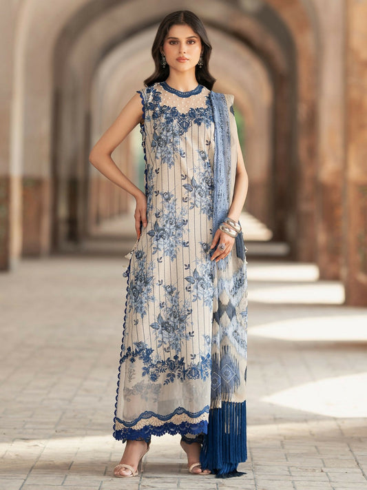 Unstitched 3-piece sleeveless suit with embroidered front, digital printed back, chiffon dupatta, and printed cotton trouser