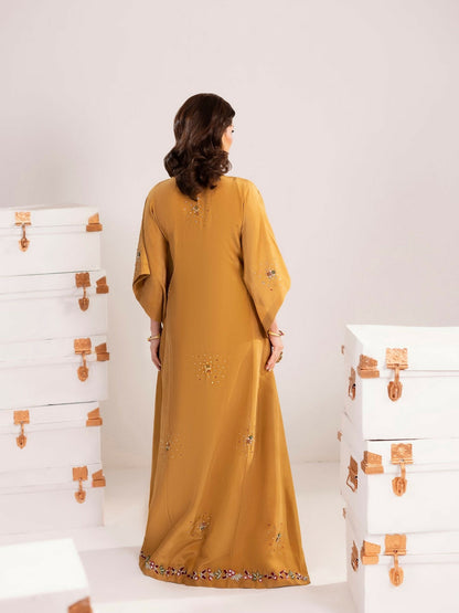 Shurooq Echoes In Bloom Silk Embellished Kaftan Set-Golden Mirage