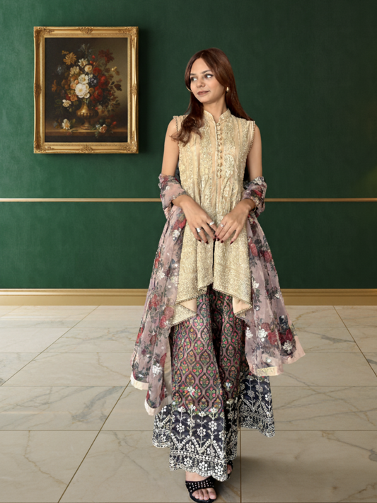 Beige Multi Zubia Motiwalla Net ChikanKari Embroidered Stitched 3-Piece Suit-ZM346