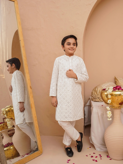 Kidoz Kloset Rang Rasiya Cotton Silk Embroidered Kurta Pajama-Silver Whisper-Boy