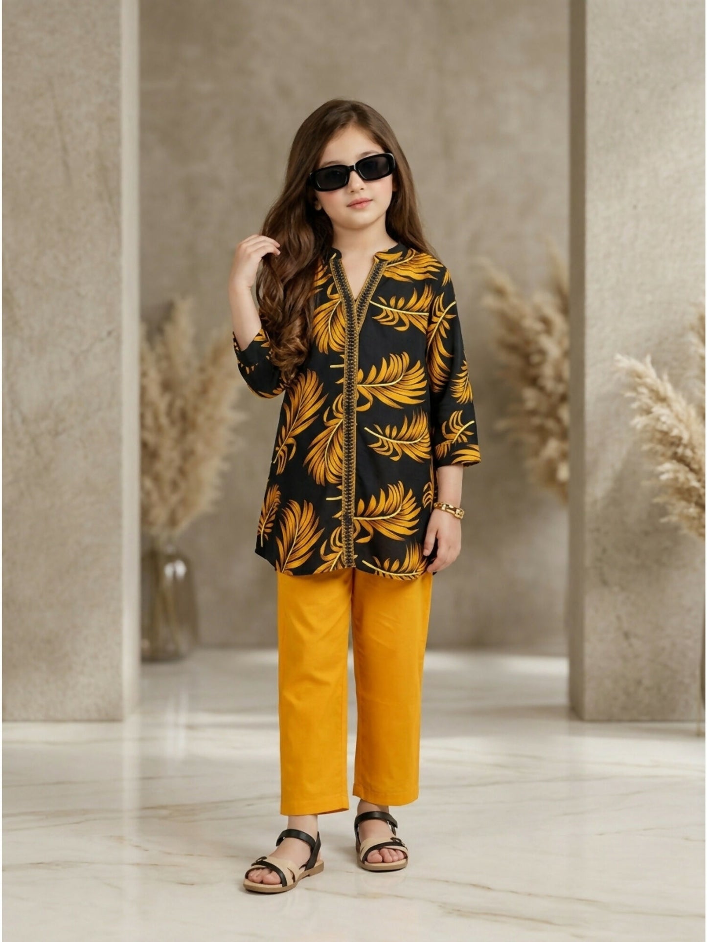 Velvour Girls Linen Printed Co-Ord Set-VG228-A